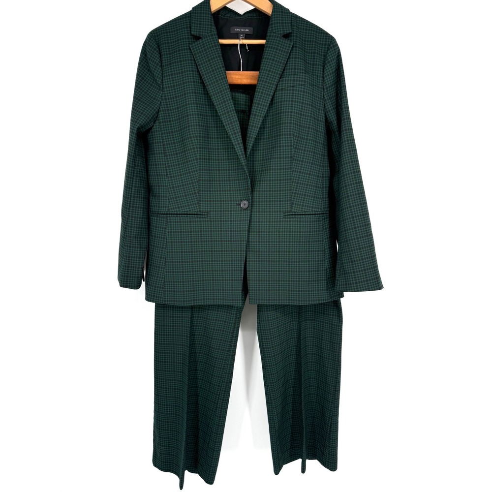 Ann Taylor 16P Pant Suit Green Black 
Gingham Plaid Blazer Professional Career
